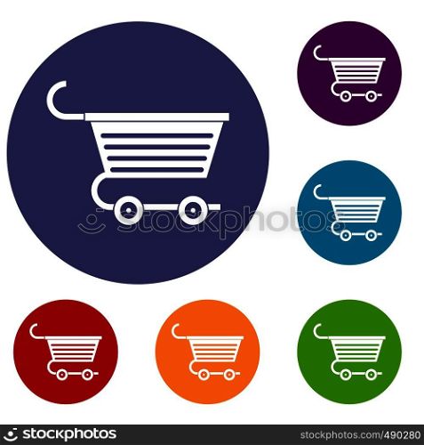 Shopping trolley icons set in flat circle red, blue and green color for web. Shopping trolley icons set