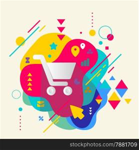 Shopping trolley on abstract colorful spotted background with different elements. Flat design.