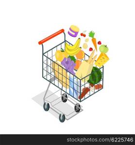 Shopping trolley products food. Shopping cart icon, supermarket and food, product grocery and cart shopping, vegetable vector illustration