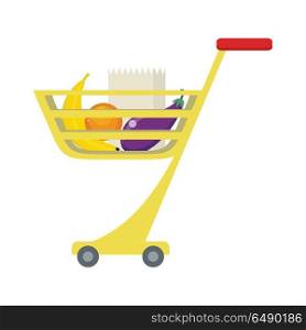 Shopping Trolley with Food Products.. Shopping trolley with food products. Banana, orange, brinjal and paper bag. Shopping cart icon, supermarket and food, grocery. Part of series of shop equipment, fruits and vegetables. Vector