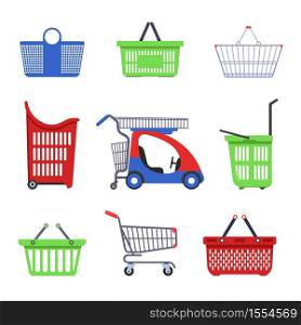 Shopping trolleys supermarket carts and baskets vector isolated objects shop container for products collecting heavy goods and small purchases children mini car porters on wheels or with handles.. Supermarket cart and basket shopping trolleys isolated objects