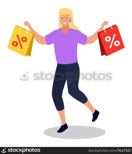 Shopping using discounts and special propositions of shops. Isolated character showing purchase in bags with percent. Sale and reduction of price. Happy blonde woman on shopping flat style vector. Excited Customer with Paper Bags Shopping on Sale