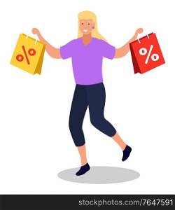Shopping using discounts and special propositions of shops. Isolated character showing purchase in bags with percent. Sale and reduction of price. Happy blonde woman on shopping flat style vector. Excited Customer with Paper Bags Shopping on Sale