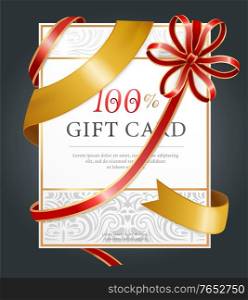Shopping voucher with ribbons and bow, Birthday present. Holiday gift card, certificate for buying goods or services. Spa procedures or beauty and skincare, fashion shops coupon vector illustration. Gift Card, Shopping Voucher, Coupon or Certificate