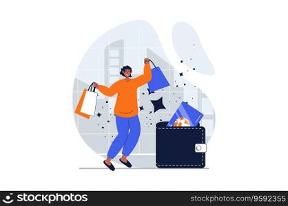 Shopping web concept with character scene. Woman happily jumping and holding bags, making bargain purchases. People situation in flat design. Vector illustration for social media marketing material.