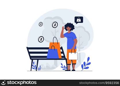 Shopping web concept with character scene. Woman holding bags and making bargain purchases on seasonal sale. People situation in flat design. Vector illustration for social media marketing material.