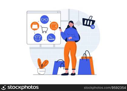 Shopping web concept with character scene. Woman ordering goods at store webpage and making bargain purchases. People situation in flat design. Vector illustration for social media marketing material.