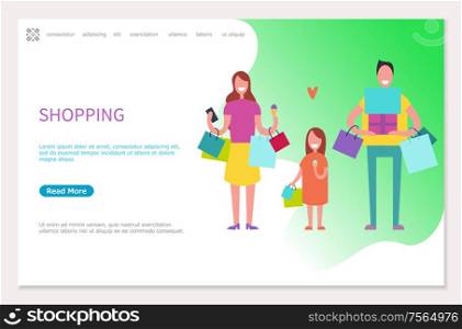 Shopping web page template, happy family mother, father and daughter with packages and gifts. Woman and girl with ice cream, dad and boxes from shop vector. Shopping Web Page Happy Family Mother Father, Girl