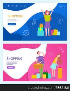 Shopping web page woman shopaholic and line art icons. Money in hand, sale discounts, buying by credit cards or cash, vector web pages templates, people. Shopping Web Page People Shopaholic and Line Art