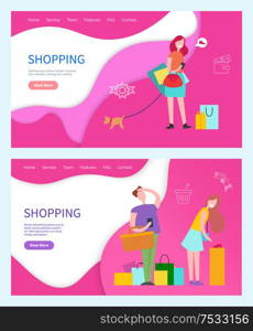 Shopping web pages people buying products in shops. Tired man and happy woman, guarantee of quality, pay by cash, web page template with contacts and info. Shopping Web Pages People Buying Products in Shops