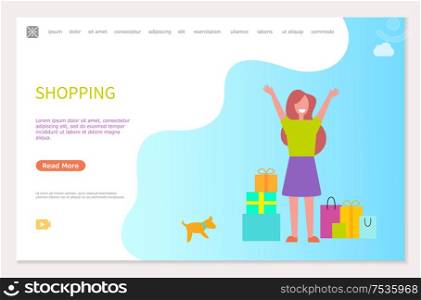 Shopping webpage template, happy woman with packages and gifts vector. Pet dog and packed gifts, smiling girl with hands up, online landing page template. Shopping webpage template, happy woman, packages