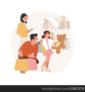 Shopping wish list isolated cartoon vector illustration Happy child pointing at a toy in a shop window, mom holding a paper with wish list, family shopping time, buying gifts vector cartoon.. Shopping wish list isolated cartoon vector illustration