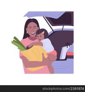 Shopping with a baby isolated cartoon vector illustrations. Young mom buying food in a supermarket with her kid, baby sitting in a trolley, grocery shopping, modern motherhood vector cartoon.. Shopping with a baby isolated cartoon vector illustrations.
