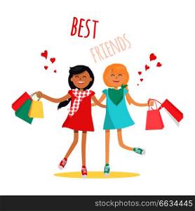 Shopping with best friend concept. Two cheerful girl characters with colorful shopping flat vector on white. Happy girlfriends making purchases together cartoon illustration for friendship concept