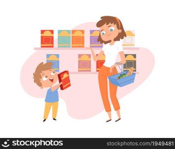 Shopping with child. Mother son in grocery store. Woman with shop basket, boy cornflakes box. Cartoon family in food market, cute customers vector illustration. Mother and son choosing food in grocery. Shopping with child. Mother son in grocery store. Woman with shop basket, boy want cornflakes box. Cartoon family in food market, cute customers vector illustration