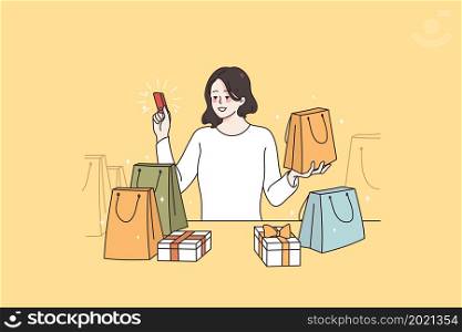 Shopping with credit card concept. Smiling asian woman standing with many shopping bags holding red credit card in hand feeling positive vector illustration . Shopping with credit card concept