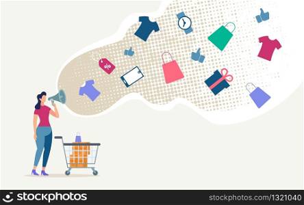 Shopping with Discounts on Shop Sale, Store Advertisement Campaign in Social Network Flat Vector Concept. Woman with Supermarket Trolley and Loudspeaker, Promoting Prices Special Offer Illustration