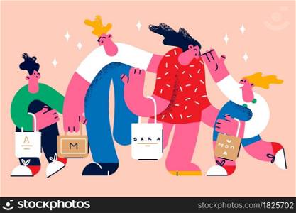 Shopping with family together concept. Happy family father mother and children carrying bags with purchase after successful shopping together vector illustration . Shopping with family together concept