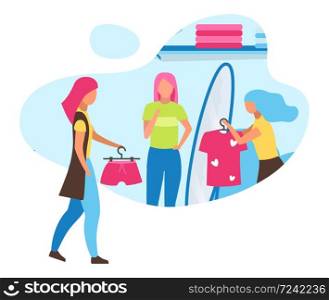 Shopping with friends flat concept icon Choosing clothes with assistant. Fashion mall, boutique. Trying on outfits at clothing store sticker, clipart. Isolated cartoon illustration on white background