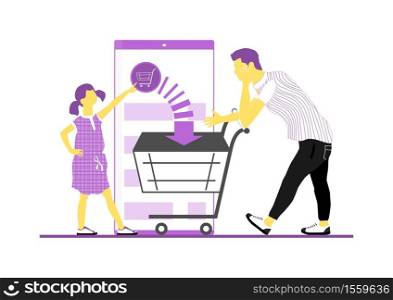 Shopping with smartphone app. Father with his daughter when shopping online. Limited color flat vector illustration.