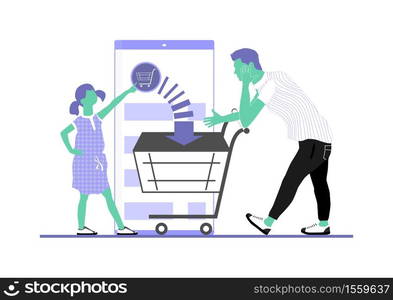 Shopping with smartphone app. Father with his daughter when shopping online. Limited color flat vector illustration.