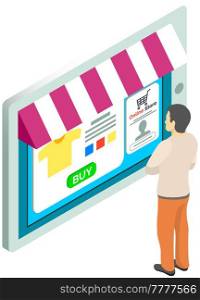 Shopping with special store application. Man is using tablet with app for buying and ordering. Male character is buying stuff online. Application interface for online shopping on screen of tablet. Man is using tablet with app to buy and order. Interface of application for online shopping