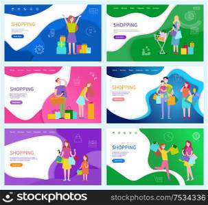 Shopping woman and man, family with kid bags vector. Couple having fun spending weekends together, lady with cart and presents, purchases from shops. Shopping Woman and Man, Family with Kid and Bags