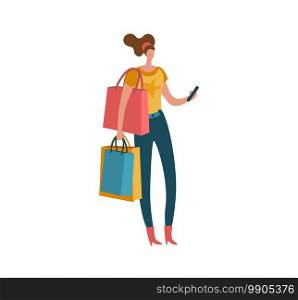 Shopping woman. Beautiful fashion buyer with shopping bags and smartphone, female shopaholic customer buying gifts and presents in mall modern isolated on white illustration. Vector purchase concept. Shopping woman. Beautiful fashion buyer with shopping bags and smartphone, female shopaholic customer buying gifts and presents modern isolated illustration. Vector purchase concept