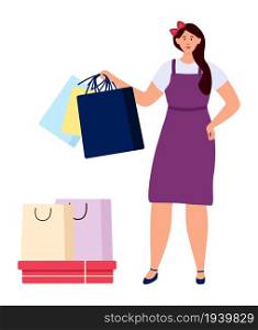 Shopping woman. Buyer in store vector illustration. Shopping woman. Buyer in store isolated on white