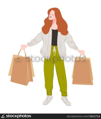 Shopping woman demonstrating bought products and goods in shops and stores. Isolated female character with paper bags. Lady relaxing on weekends purchasing objects in mall. Vector in flat style. Happy woman showing bought products in shop vector