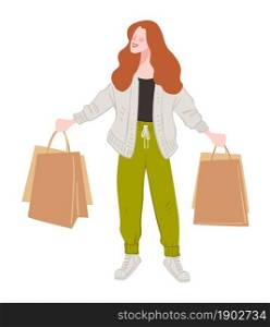 Shopping woman demonstrating bought products and goods in shops and stores. Isolated female character with paper bags. Lady relaxing on weekends purchasing objects in mall. Vector in flat style. Happy woman showing bought products in shop vector