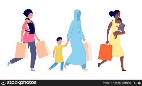 Shopping woman. Different nationality women with kids go with shop bags. Motherhood, international friendship, american arabian mothers vector characters. Mother woman shopping with bags illustration. Shopping woman. Different nationality women with kids go with shop bags. Motherhood, international friendship, afro american arabian mothers vector characters