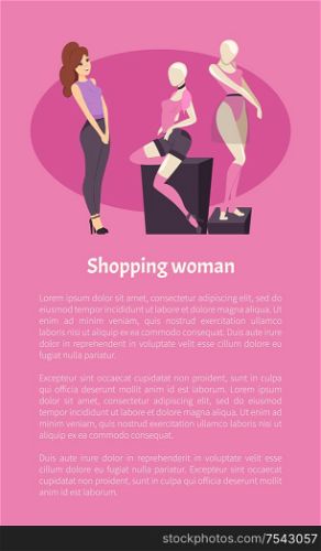 Shopping woman female admiring fashionable brand clothes placed on mannequins showcase vector. Presentation of new collection t-shirts and shorts, skirt and choker. Shopping Woman Female Admiring Fashion Brand Cloth
