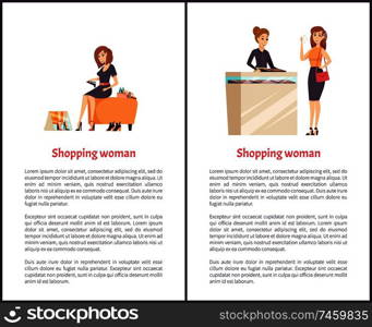 Shopping woman female shopaholic wearing and trying on new shoes on heel. Store shop with boots and jewelry store with client choosing ring, poster, text. Shopping Woman Female Shopaholic Shoes and Jewelry