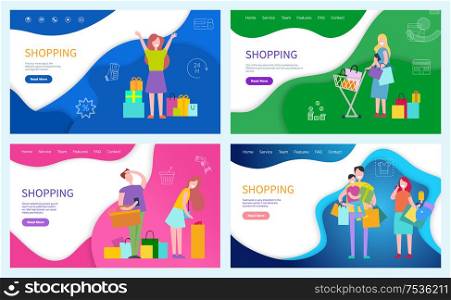 Shopping woman happy of bought items in packages vector. Family purchasing presents and gifts on holidays, kids and parents spending time together. Shopping Woman Happy of Bought Items in Packages
