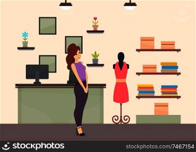 Shopping woman in clothes store, ladies boutique with cloth and fashionable dress on mannequin vector. Counter with computer, houseplants and pictures. Shopping Woman in Store, Ladies Boutique Vector