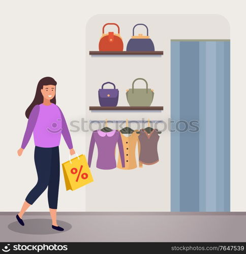 Shopping woman looking at accessories at shop. Fashion store with clothes, jackets and bags on sale. Female character carrying bags with purchase bought with discounts. Lady with handbag vector. Woman Shopping in Boutique with Clothes Vector