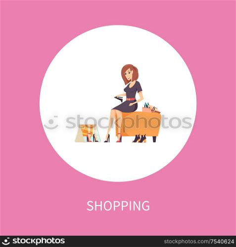 Shopping woman sitting on ottoman footstool, trying on new shoes in footwear shop. Female customer in boots store, puts on high heels in front of mirror. Shopping Woman Sits on Footstool Trying on Shoes