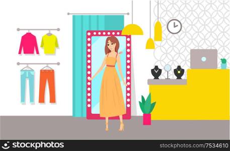 Shopping woman trying dress in clothes store vector. Shop with sweaters and trousers jeans accessories and jewelry. Counter with computer and necklace. Shopping Woman Trying Dress Clothes Store Vector
