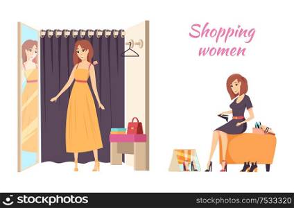 Shopping women female trying on poster dress vector. Lady with shoes picking one kind of boots. Girl in changing room with curtain looking in mirror. Shopping Women Female Trying Dress Poster Vector
