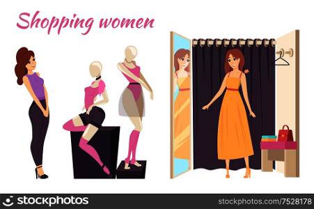 Shopping women, mannequins with underwear and dress. Poster with lady in changing room trying on dress. Buying items and clothes isolated set vector. Shopping Women Mannequins Underwear Poster Vector