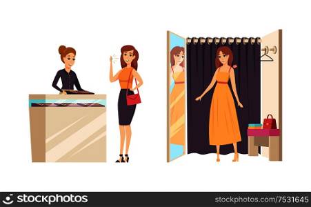 Shopping young female in changing room vector. Lady trying dress and person with gold shining ring, diamond and gem. Fashion and styling of girls. Shopping Young Female in Changing Room Vector