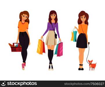 Shopping young females with bags isolated set vector. Lady with basket and food, bread and vegetables. Walking dog on leash and carrying packages. Shopping Young Females Bags Isolated Set Vector