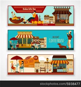 Shops and cafe facades horizontal banner set isolated vector illustration. Shops Banner Set