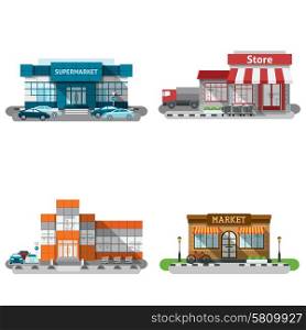 Shops stores and supermarket buildings flat decorative icons set isolated vector illustration. Shop Buildings Icons Set