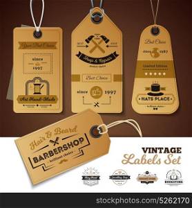 Shops Vintage Labels Set. Set of vintage labels of shops with design of 3d cardboard tags with rope isolated vector illustration