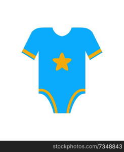 Short sleeve blue romper jumpsuit with yellow star vector illustration of first cloth for newborn toddler infant boy isolated on white background. Short Sleeve Blue Romper Jumpsuit with Yellow Star