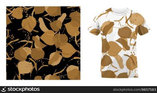 Short sleeved cotton sports t shirt black silhouettes of linden leaves seamless pattern. Autumn fallen leaves of linden. Comfortable summer clothes. Vector ornament for design of textile and fabric