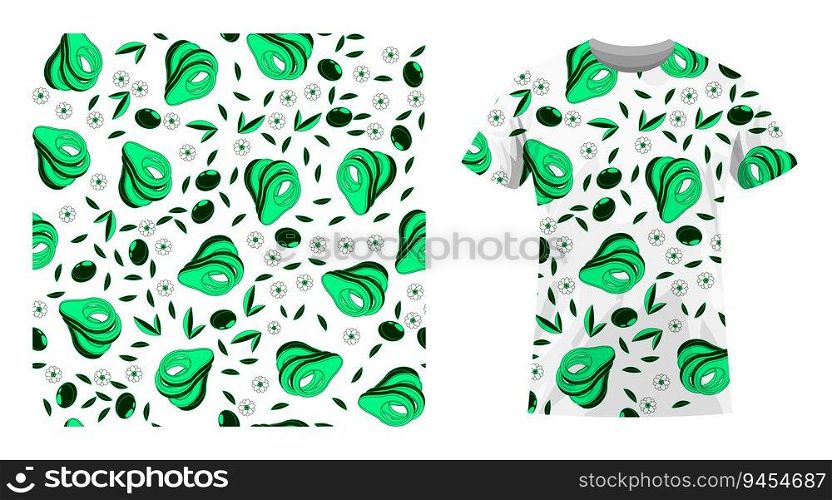 Short sleeved cotton sports t shirt decorated Avocado cutting fruit seamless pattern with leaves and flowers. Comfortable summer clothes. Vector ornament for design of textile and fabric. Short sleeved cotton sports t shirt decorated Avocado cutting fruit seamless pattern with leaves and flowers. Comfortable summer clothes. Vector
