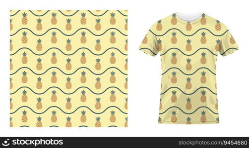 Short sleeved cotton sports t shirt decorated pattern with juicy pineapple and wave lines. Harvesting tropical fruits. Comfortable summer clothes. Vector ornament for design of textile and fabric